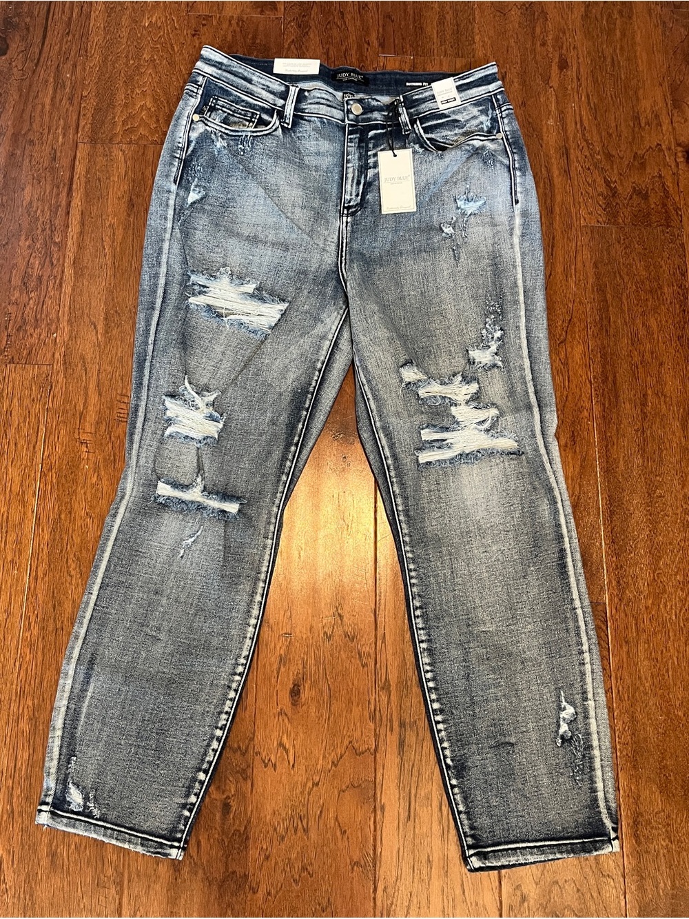 Judy Blue Distressed Light-Mid Wash Blue Boyfriend Jeans